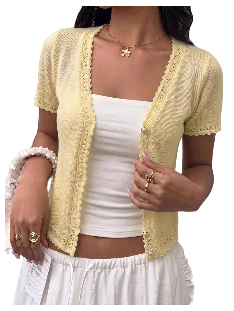 MAKEMECHIC Lace Trim Pearl Cardigan