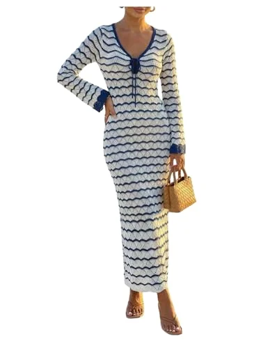 MAKEMECHIC Crochet Striped V-Neck Beach Cover-Up