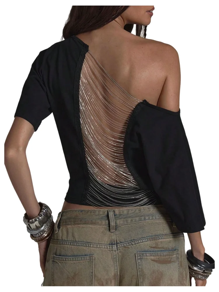 MAKEMECHIC Off The Shoulder Chain Backless Crop Top