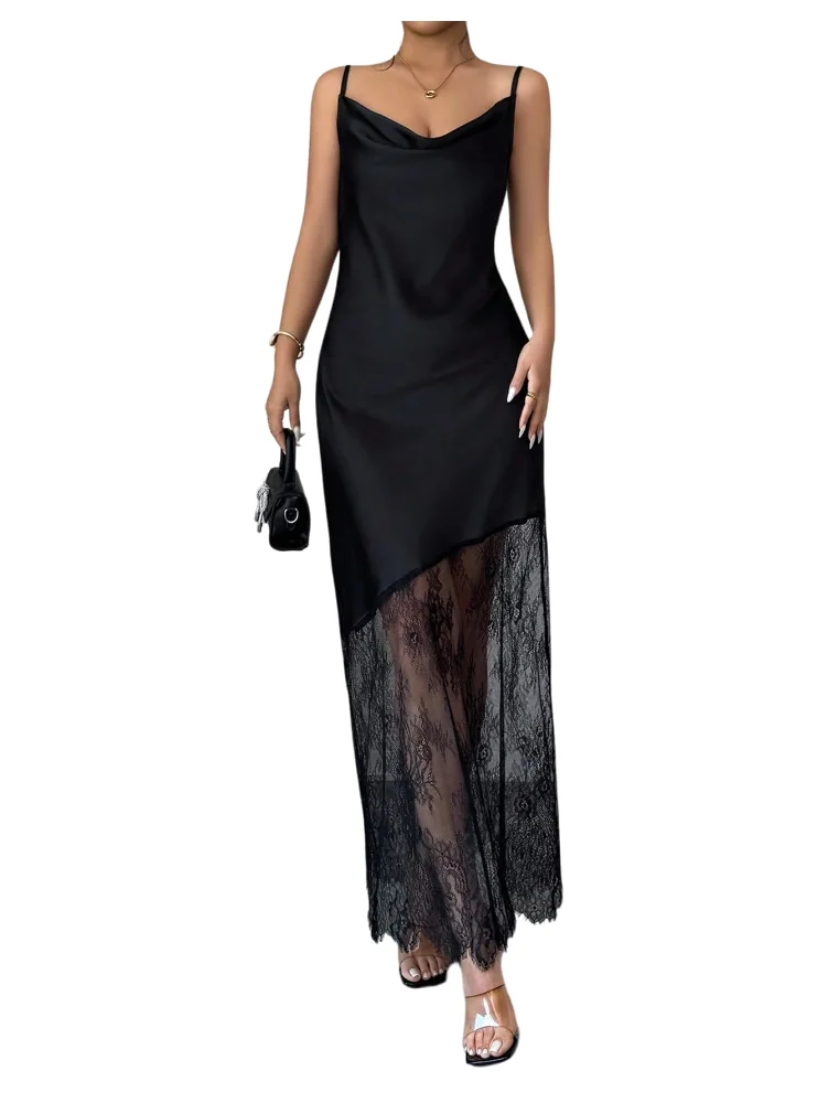 MAKEMECHIC Lace Sheer Glossy Maxi Dress