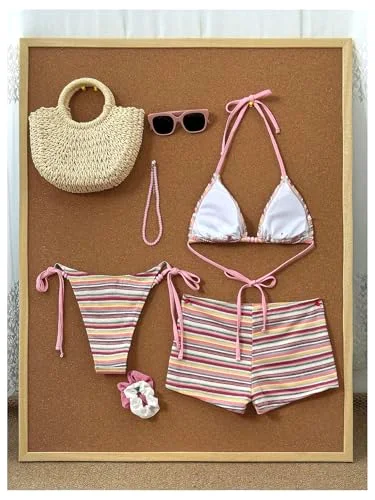 MAKEMECHIC Striped Bikini Set in Pink, view 2