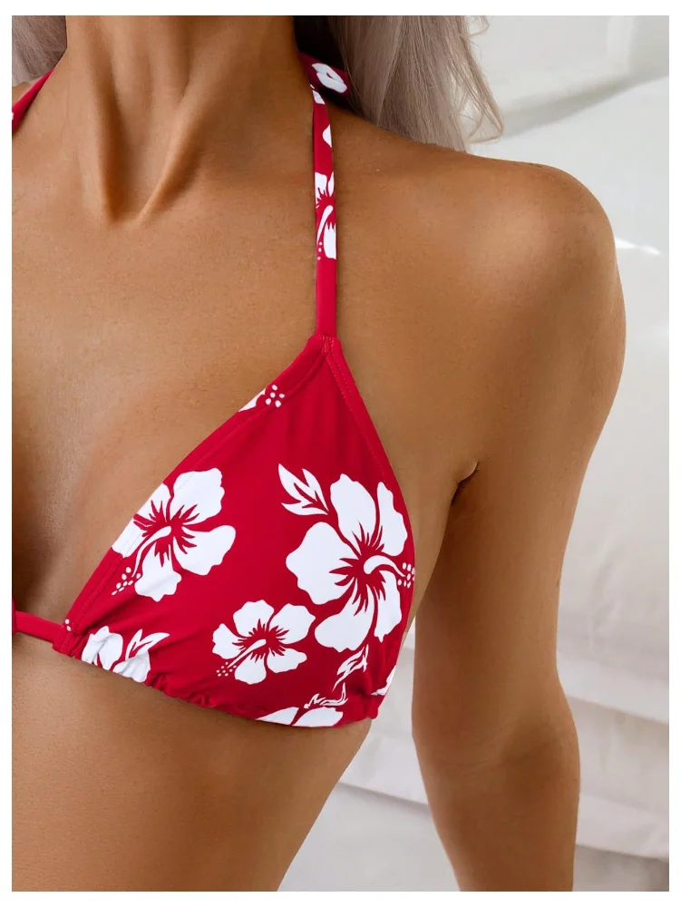 MAKEMECHIC Floral Triangle Backless Bikini Set in Rose Red, view 3