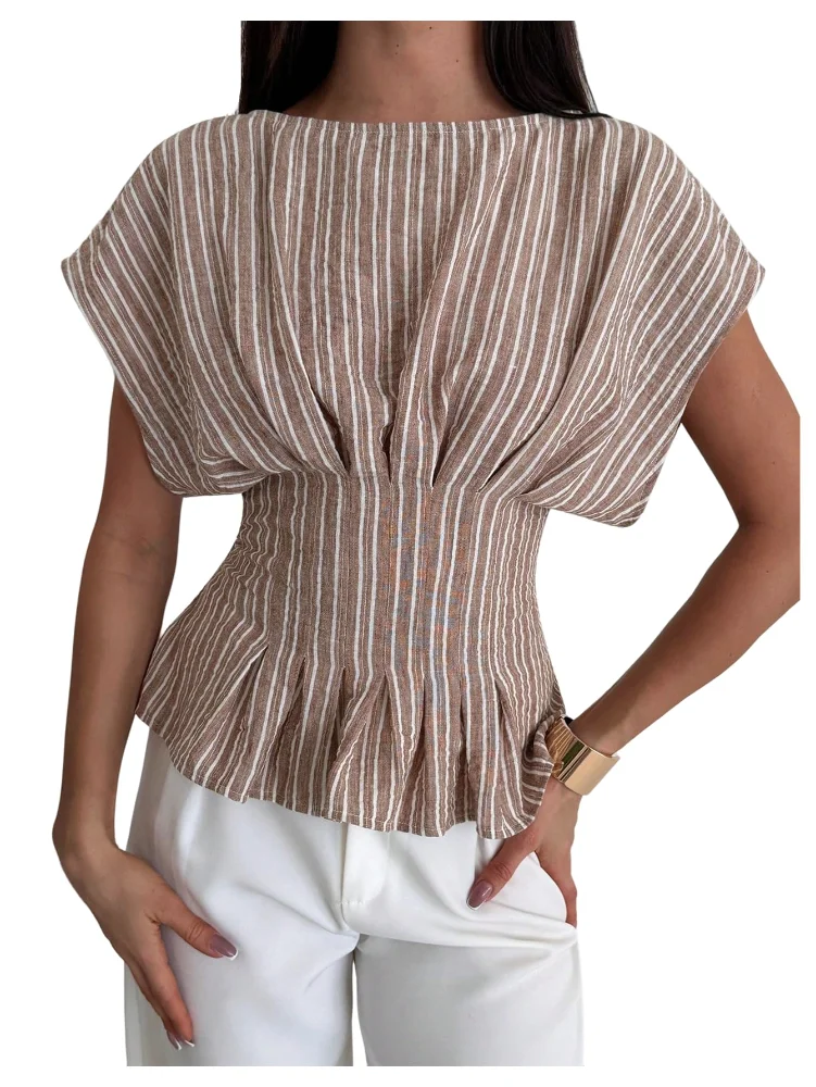 MAKEMECHIC Striped Peplum Cinched Blouse