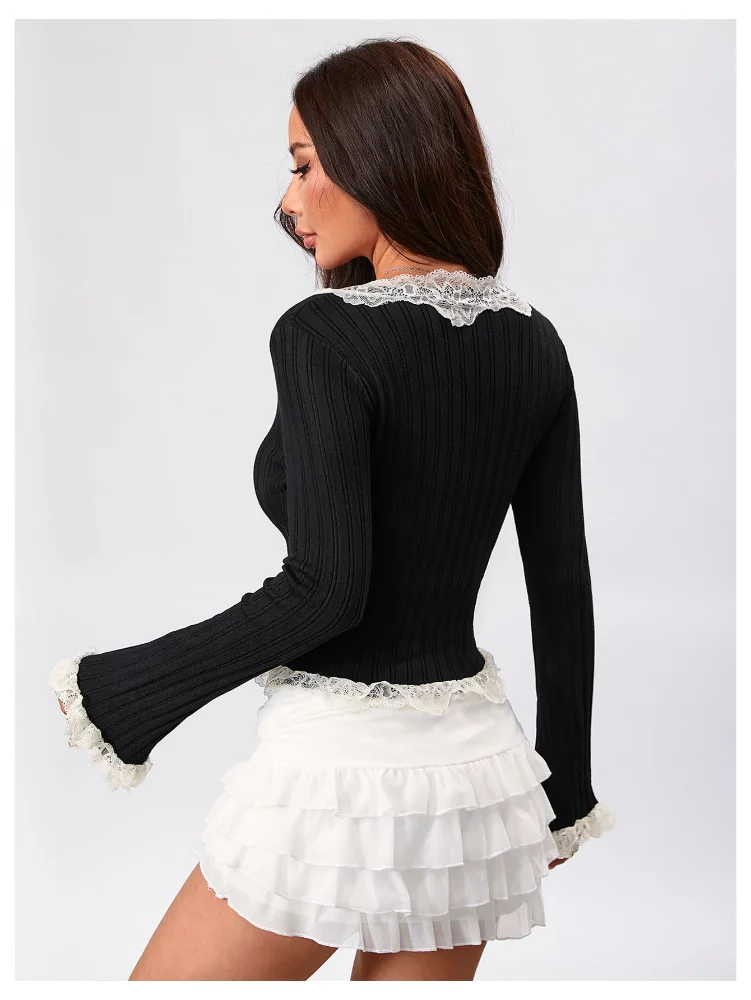 MAKEMECHIC Ribbed Knit Square Neck Lace Cardigan, view 2