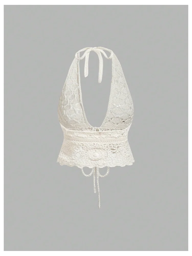 MAKEMECHIC Crochet Tie Front Backless Beach Cover-Up, view 3
