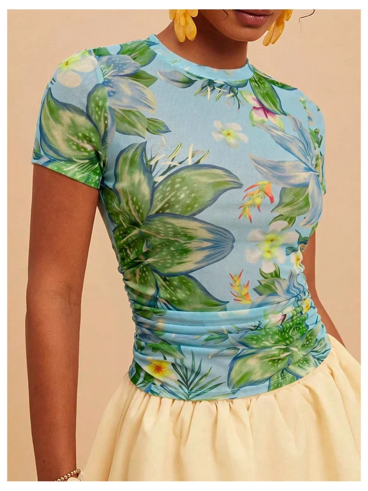 MAKEMECHIC Short Sleeve Mesh Ruched Shorts, view 3