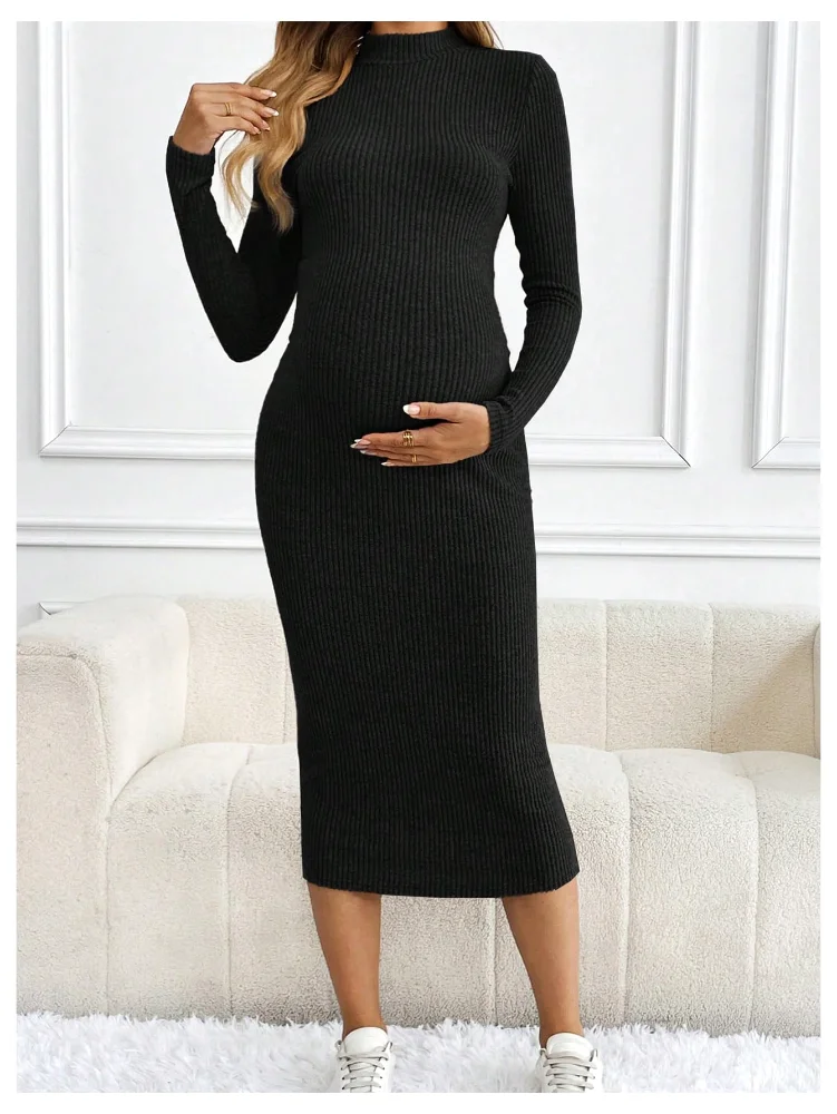MAKEMECHIC Long Sleeve Mock Neck Knit Maternity Maxi Dress, view 3
