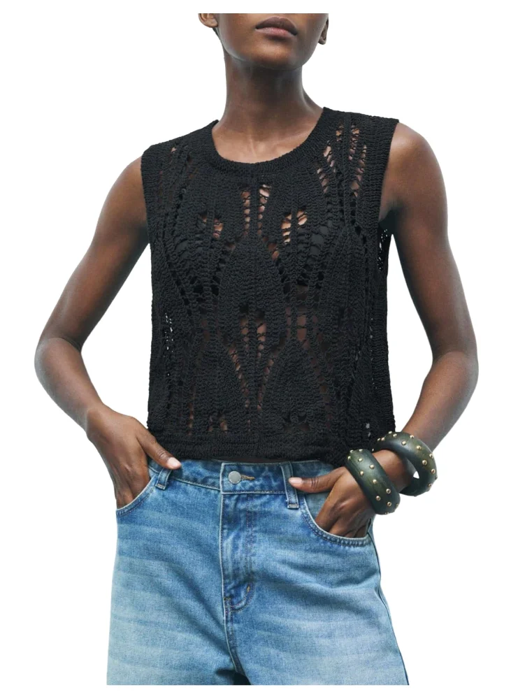 MAKEMECHIC Crochet Knit Sleeveless Sweater