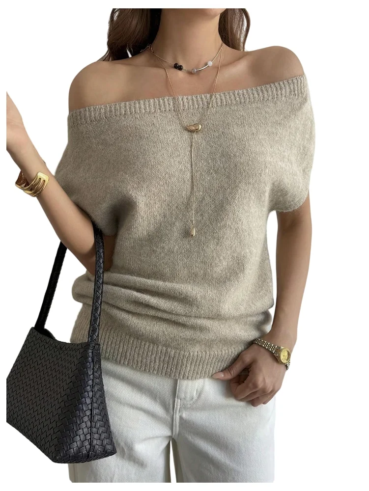 MAKEMECHIC Off The Shoulder Short Sleeve Old Sweater