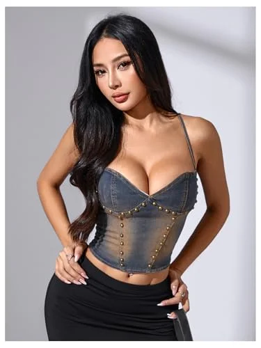MAKEMECHIC Denim Backless Rivet Crop Top, view 3
