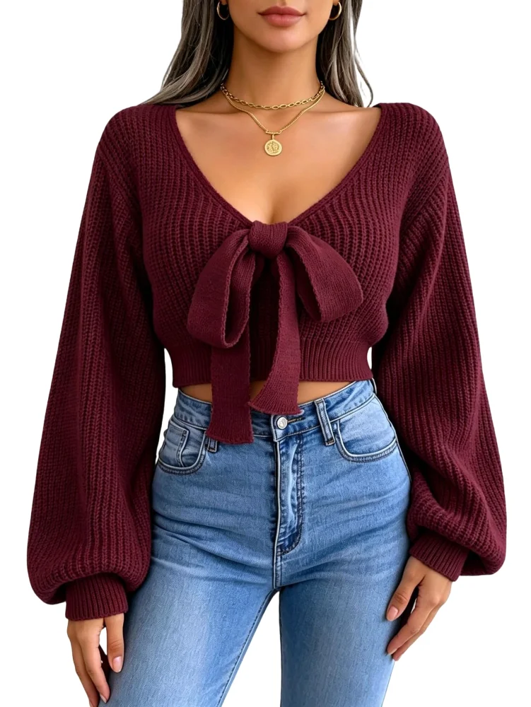 MAKEMECHIC Deep V-Neck Cropped Sweater
