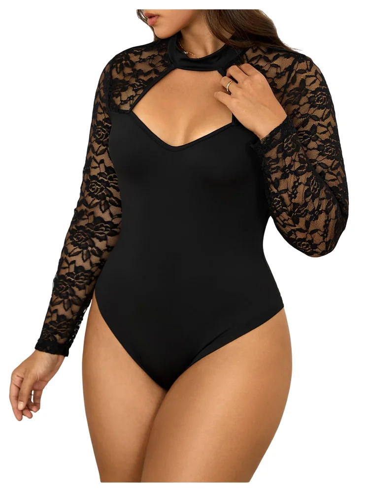 MAKEMECHIC Floral Lace Mock Neck Bodysuit