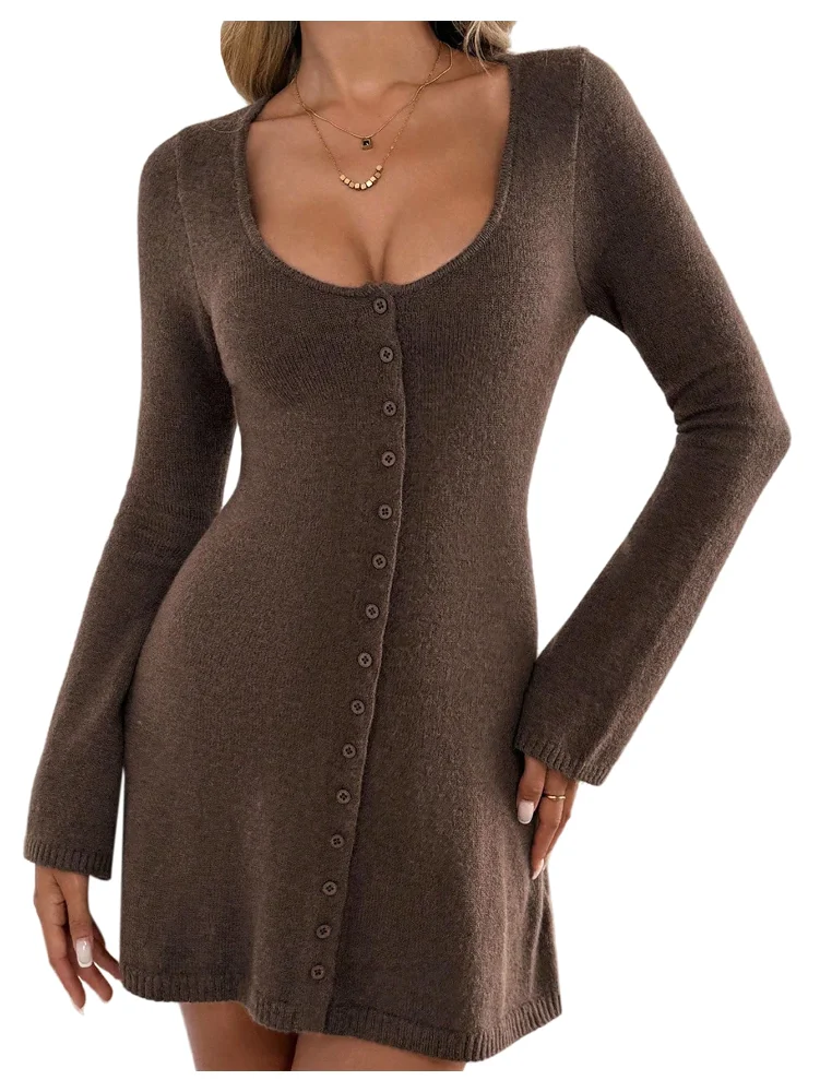 MAKEMECHIC Button Down Scoop Neck Long Sleeve Dress