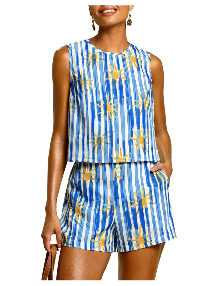 MAKEMECHIC Tropical Striped Sleeveless Shorts Set