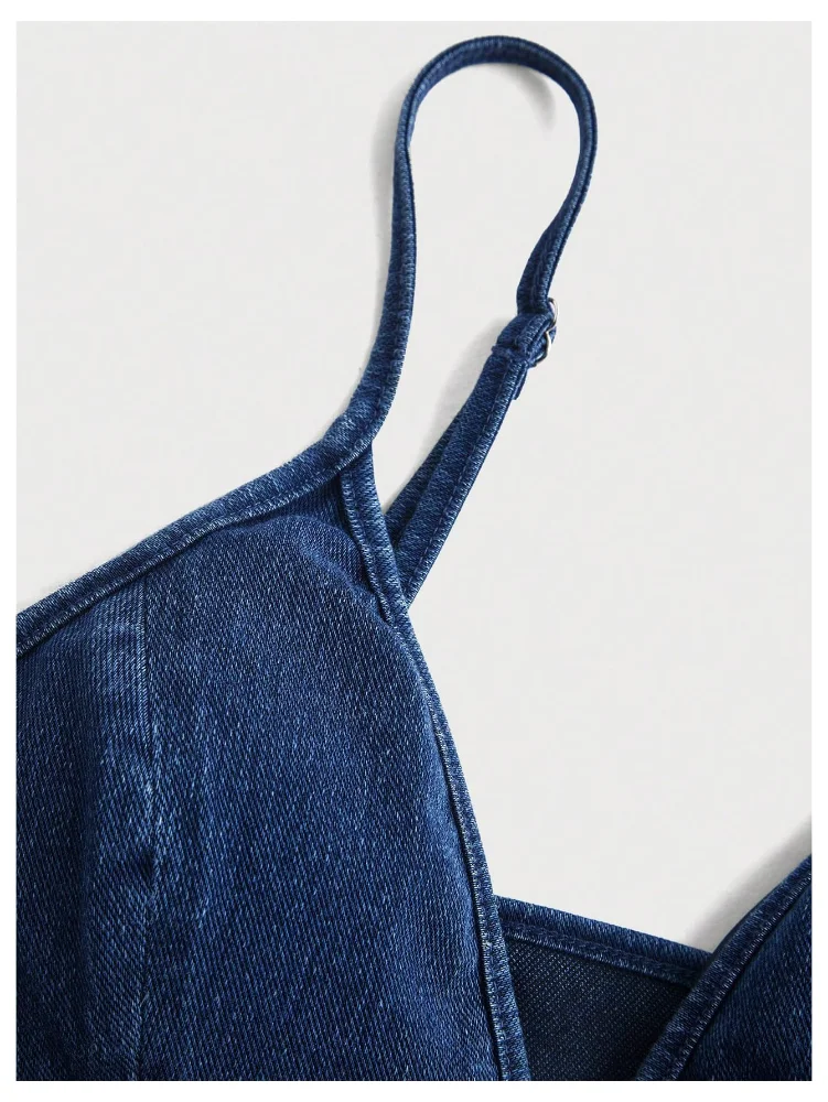 MAKEMECHIC Denim Spaghetti Strap Crop Top, view 3