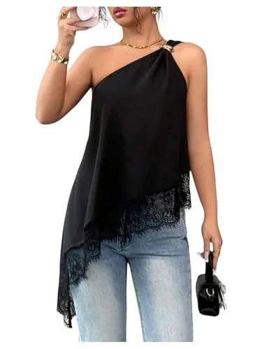 MAKEMECHIC Satin Lace One Shoulder Tank Top