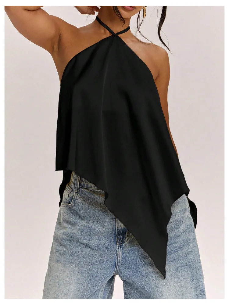 MAKEMECHIC Satin Cropped Ruffle Halter Top, view 2