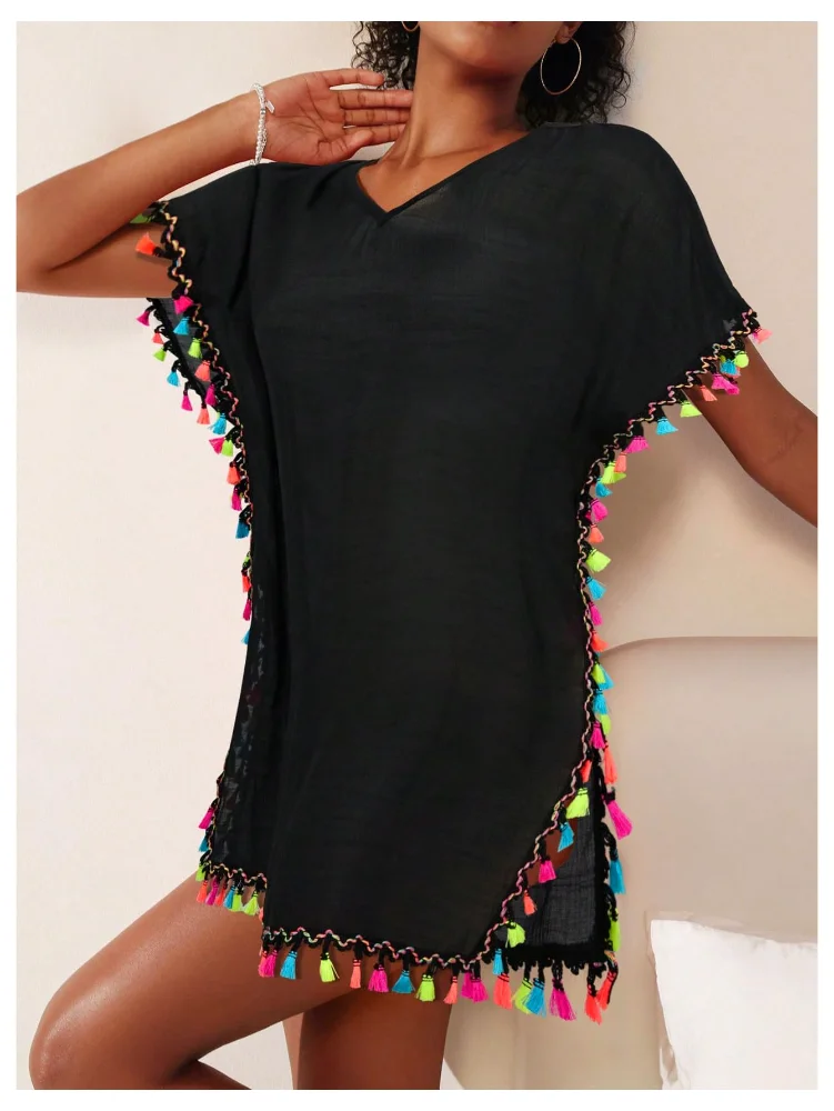 MAKEMECHIC Short Sleeve Tassel Beach Cover-Up, view 3