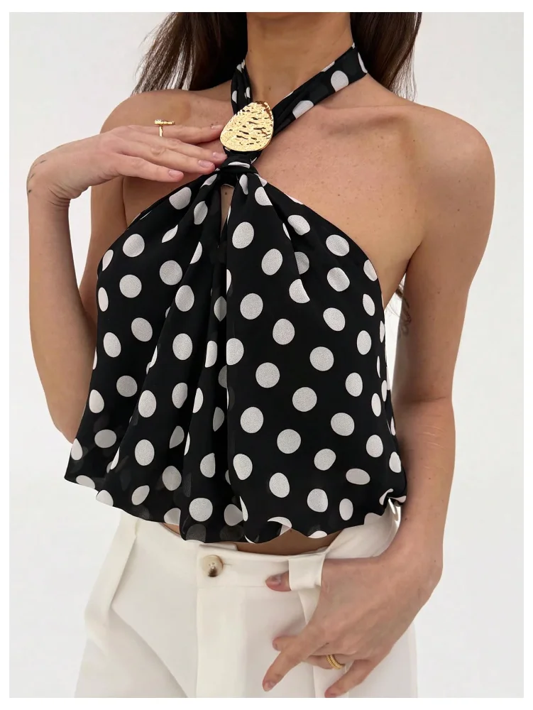 MAKEMECHIC Polka Dot Crop Open Back Halter Top, view 2