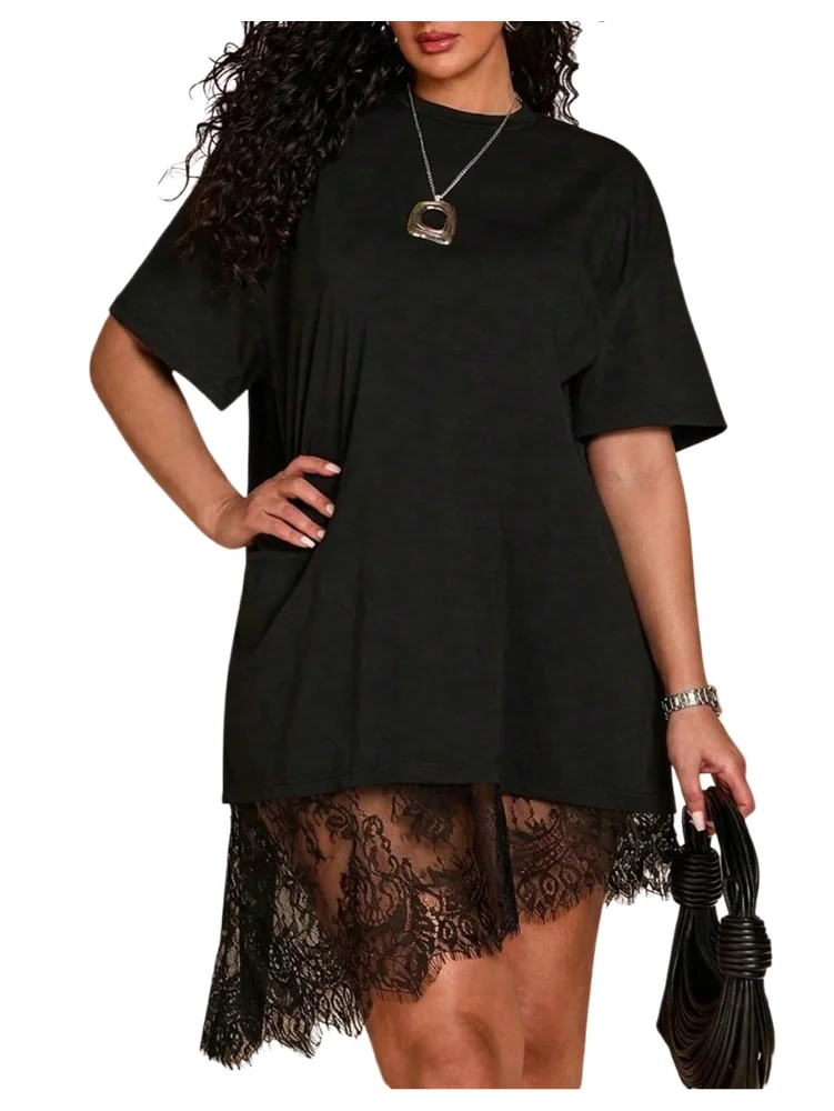 MAKEMECHIC Lace Asymmetrical Crewneck Dress
