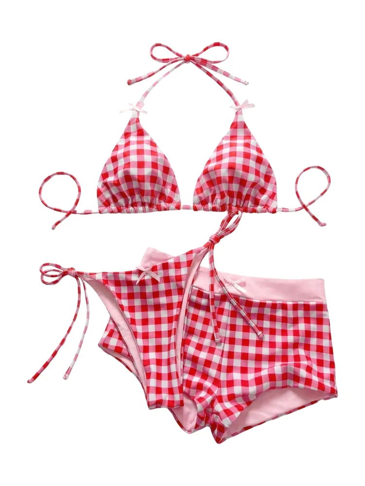 MAKEMECHIC Gingham Triangle Thong Bikini Set