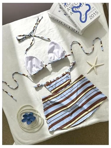 MAKEMECHIC Striped Triangle Bikini Set, halter neck, view 3