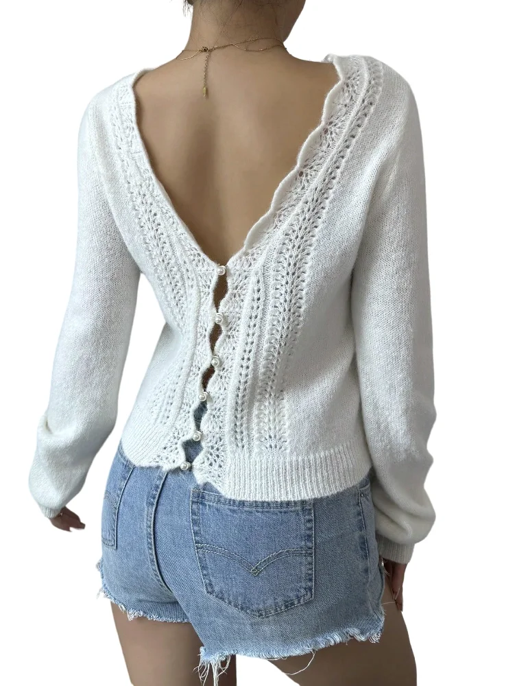 MAKEMECHIC Scallop Trim Open Back Sweater