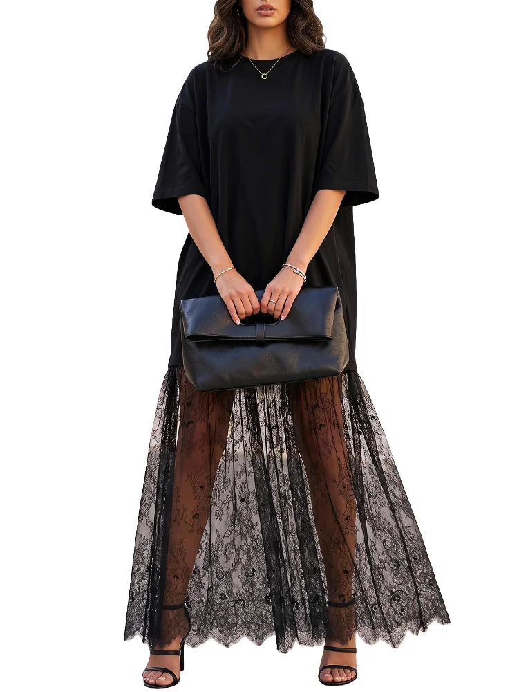 MAKEMECHIC Lace Short Sleeve Flowy Maxi Dress