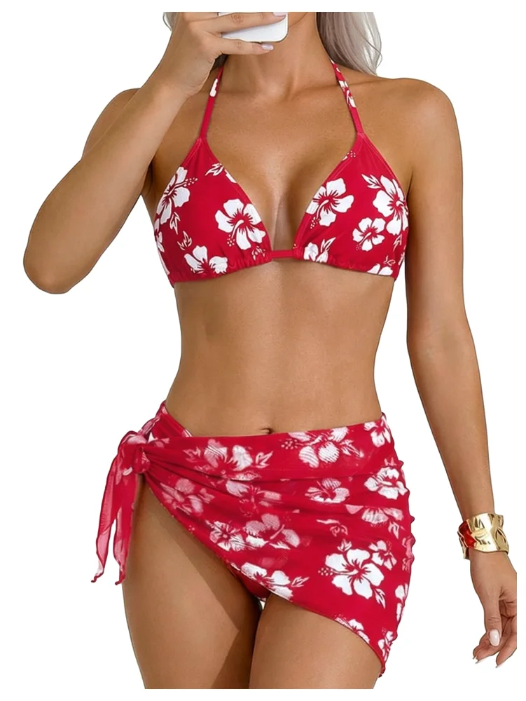 MAKEMECHIC Floral Triangle Backless Bikini Set in Rose Red