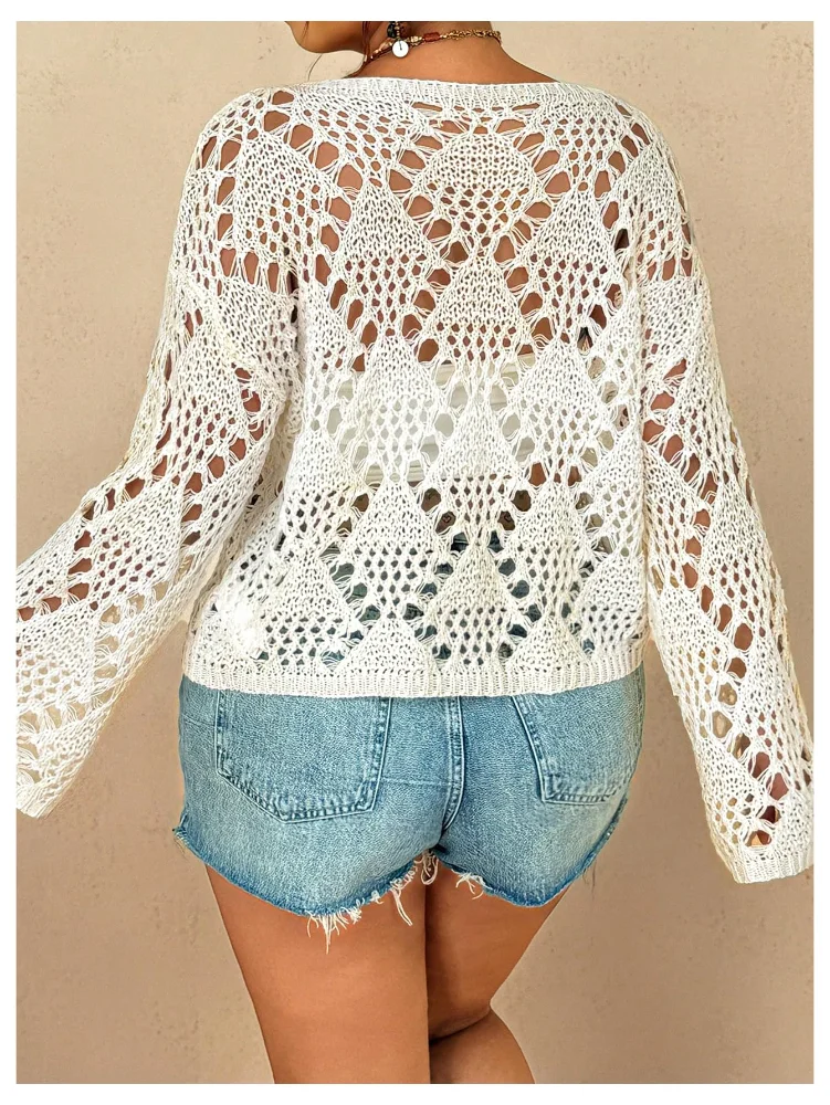 MAKEMECHIC Crochet Hollow Bell Sleeve Sweater, view 3