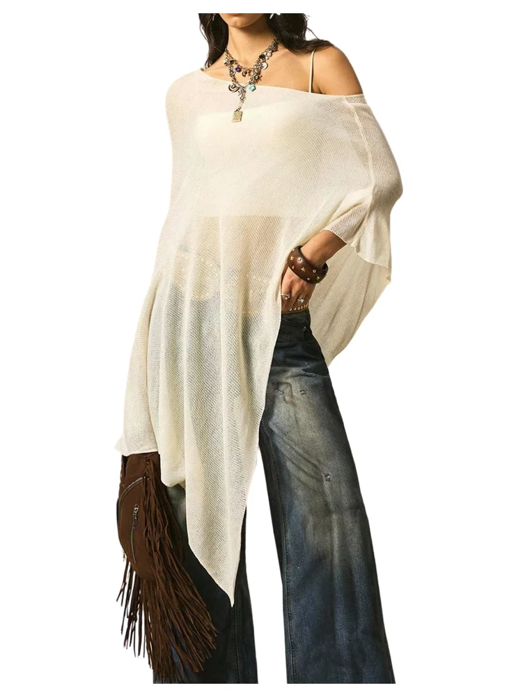 MAKEMECHIC Off The Shoulder Sheer Lightweight Sweater