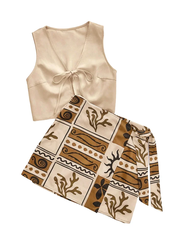 MAKEMECHIC Tie Front Sleeveless Crop Skirt Set
