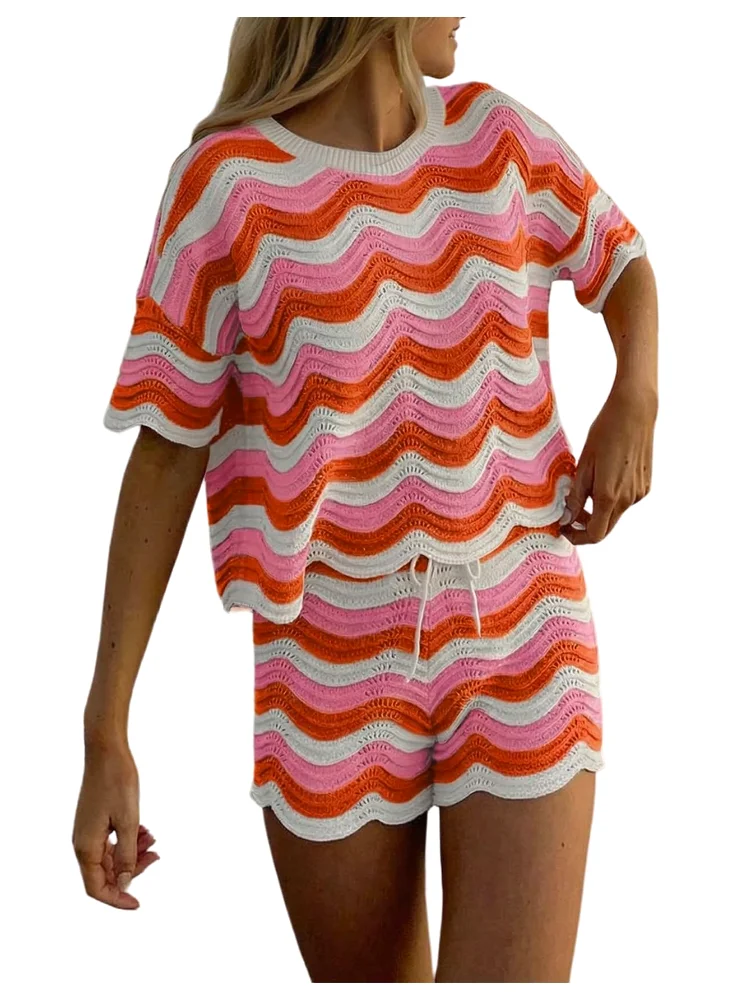 MAKEMECHIC Striped Crochet Beach Cover-Up, crew neck