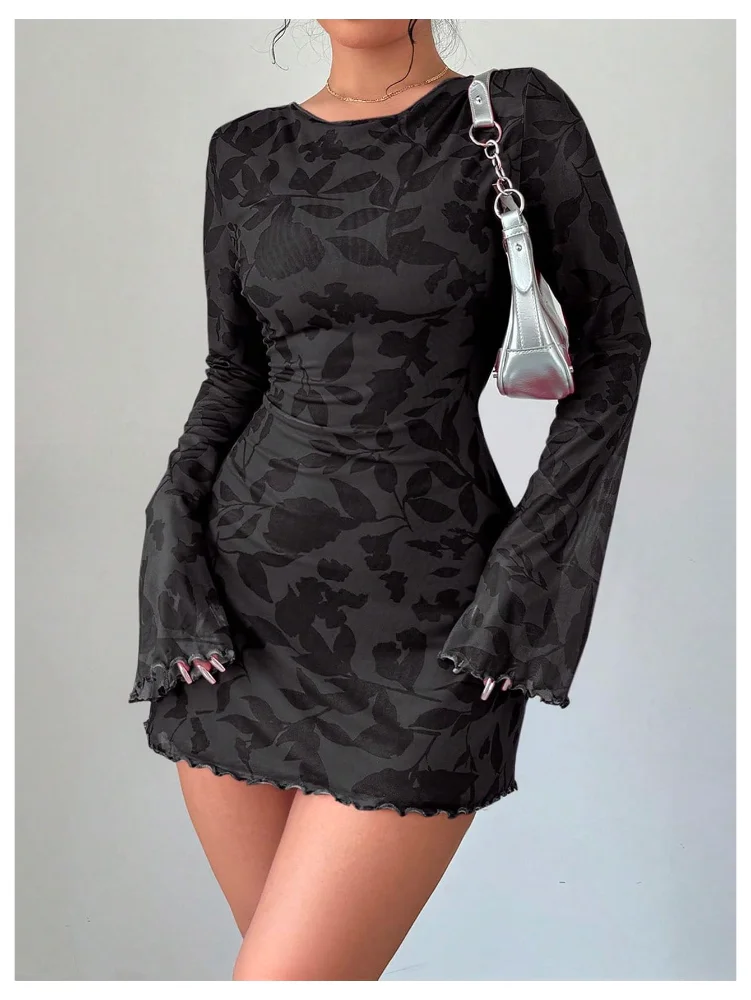 MAKEMECHIC Floral Print Long Sleeve Mesh Mini Dress, view 2