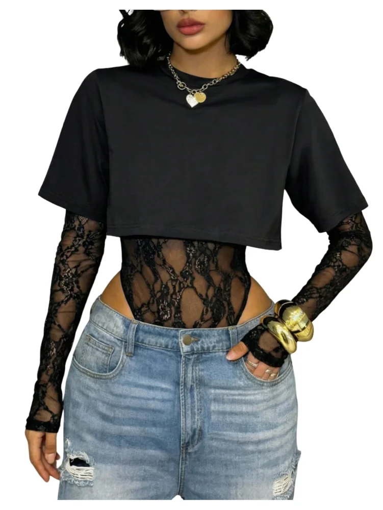 MAKEMECHIC Lace Long Sleeve Leotards Bodysuit