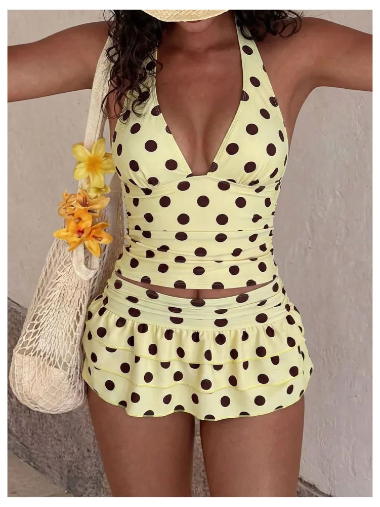 MAKEMECHIC Polka Dot Deep V-Neck Tankini, view 3
