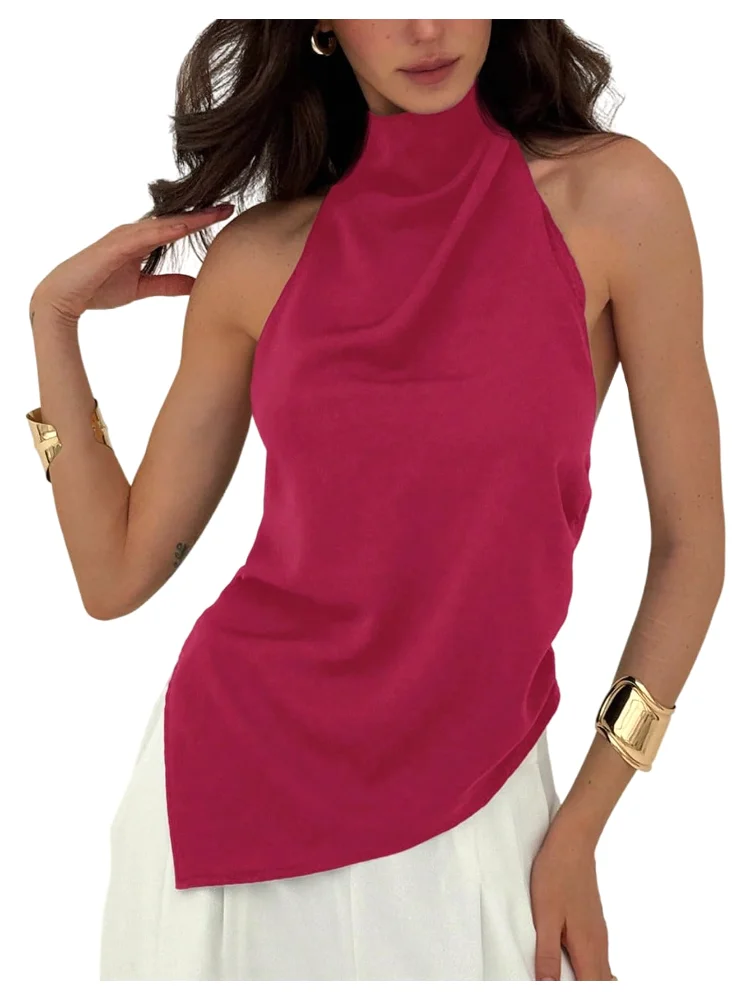 MAKEMECHIC Asymmetrical Open Back Halter Top