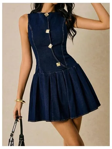 MAKEMECHIC Denim Sleeveless A Line Mini Dress, view 3