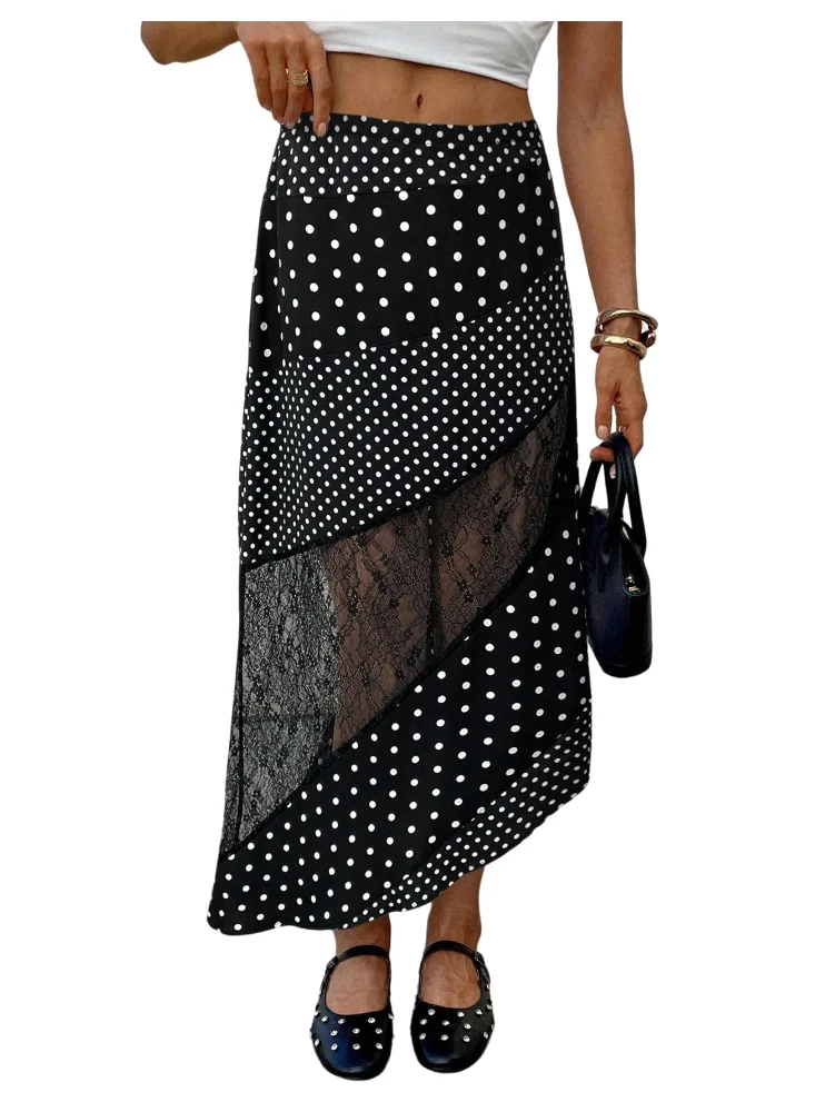 MAKEMECHIC Lace Polka Dot Asymmetrical Midi Skirt