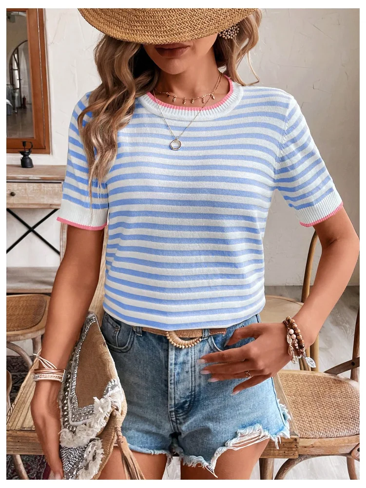 MAKEMECHIC Short Sleeve Striped Crew Neck Sweater, view 2