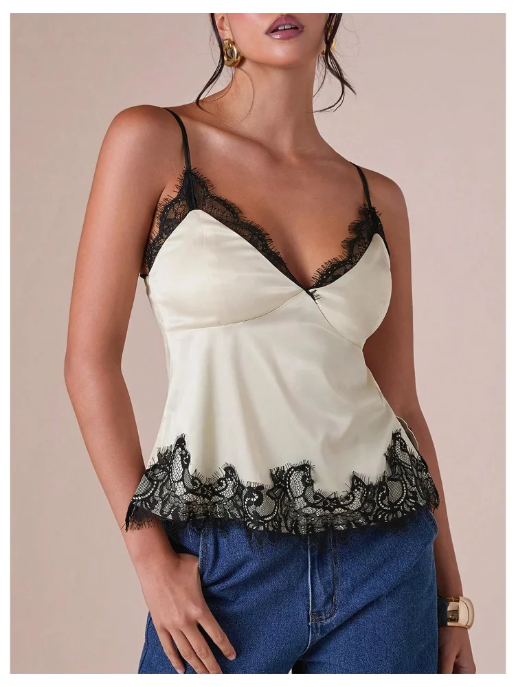 MAKEMECHIC Lace Satin Spaghetti Top, view 2