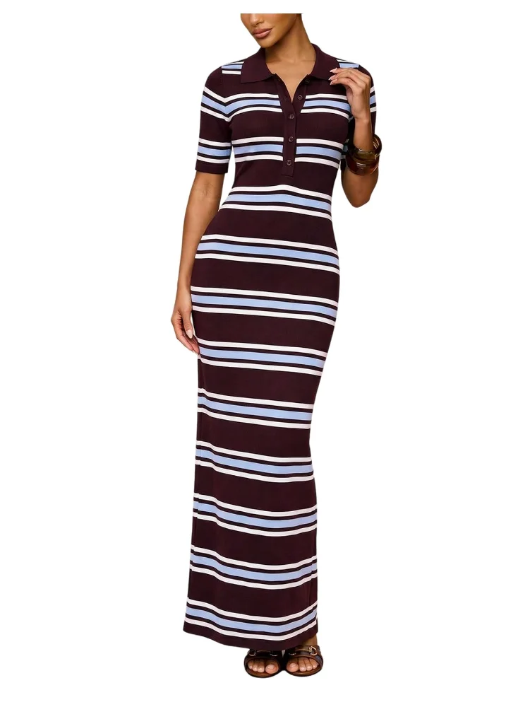 MAKEMECHIC Striped Button Collared Maxi Dress