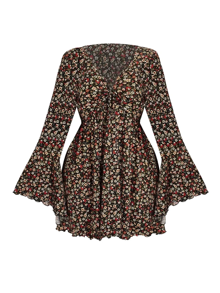 MAKEMECHIC Floral Bell Sleeve V-Neck Mini Dress