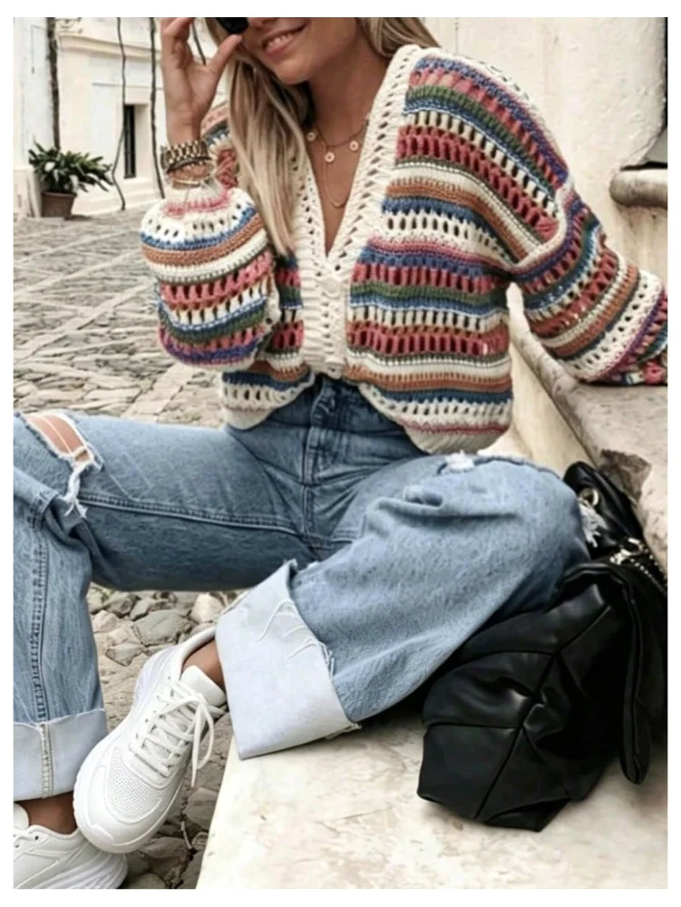MAKEMECHIC Crochet V-Neck Loose Cardigan, view 3