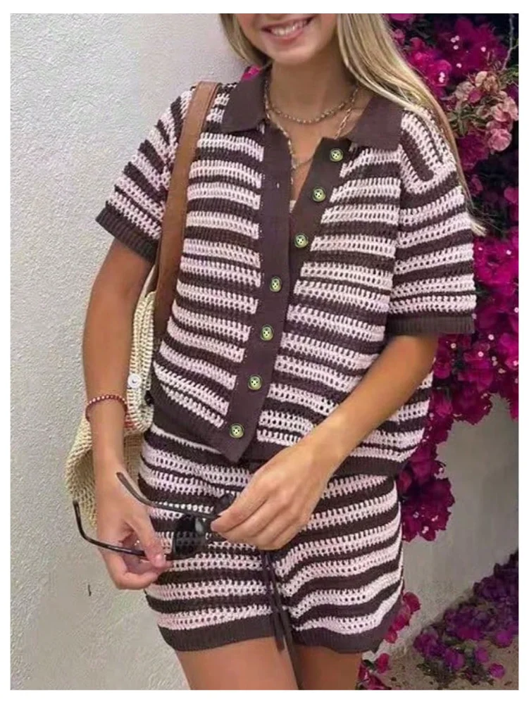 MAKEMECHIC Crochet Striped Knit Shorts Set, view 2