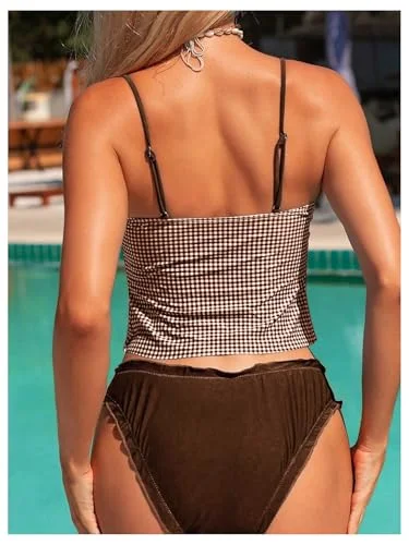 MAKEMECHIC Gingham Tie Front Ruffle Bikini Set, view 3