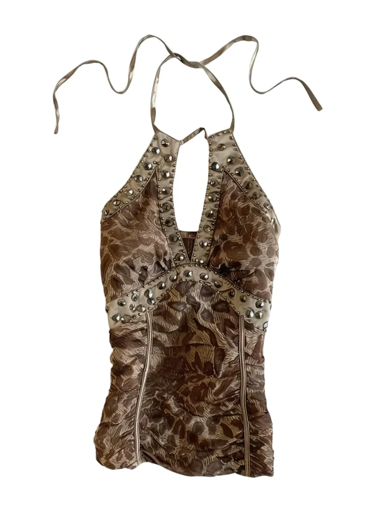 MAKEMECHIC Cheetah Print Studded Backless Halter Top