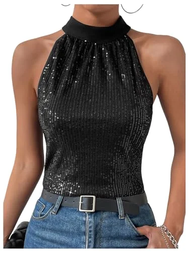 MAKEMECHIC Sequin Sparkly Tie Back Halter Top