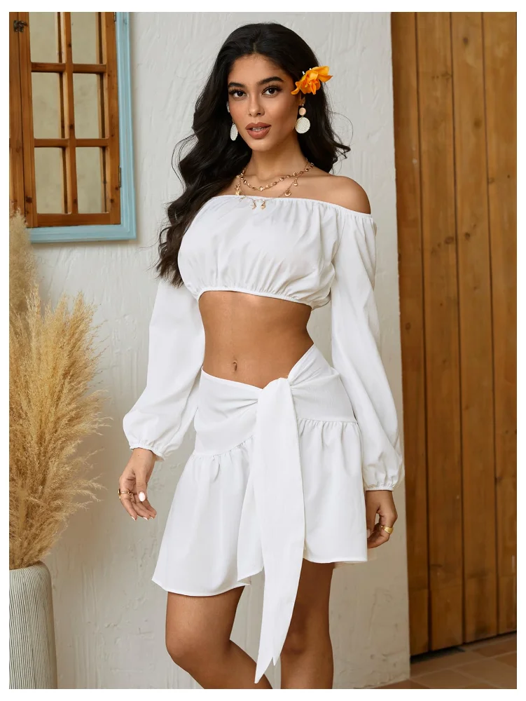 MAKEMECHIC Off The Shoulder Long Sleeve Crop Two-Piece Set, view 3