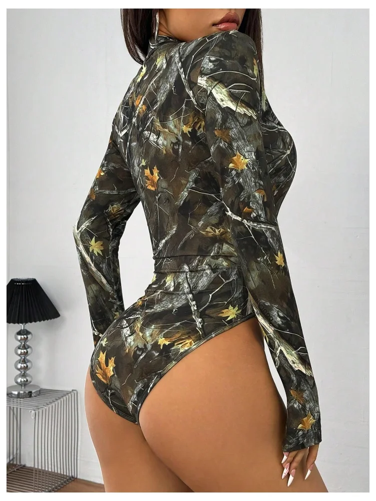 MAKEMECHIC Camo Zip Long Sleeve Bodysuit, view 2